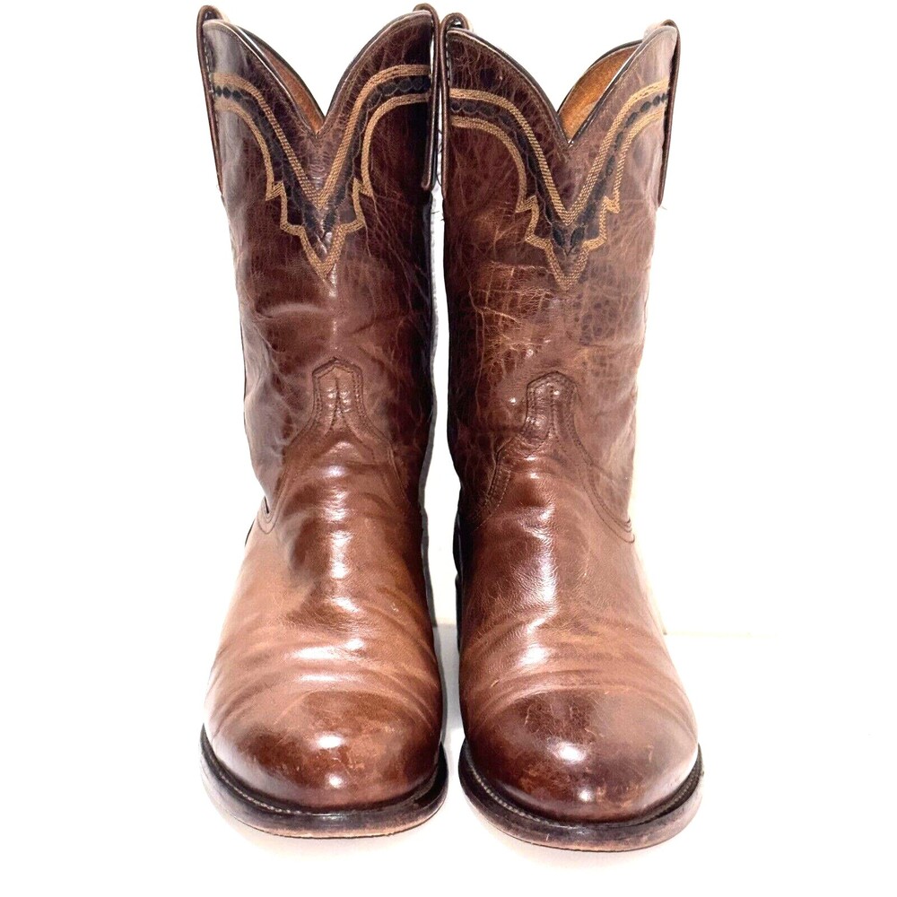 Lucchese 2000 Boots Men Sz 8 Brown Tan Roper Western Cowboy Mad Dog Goat Leather
